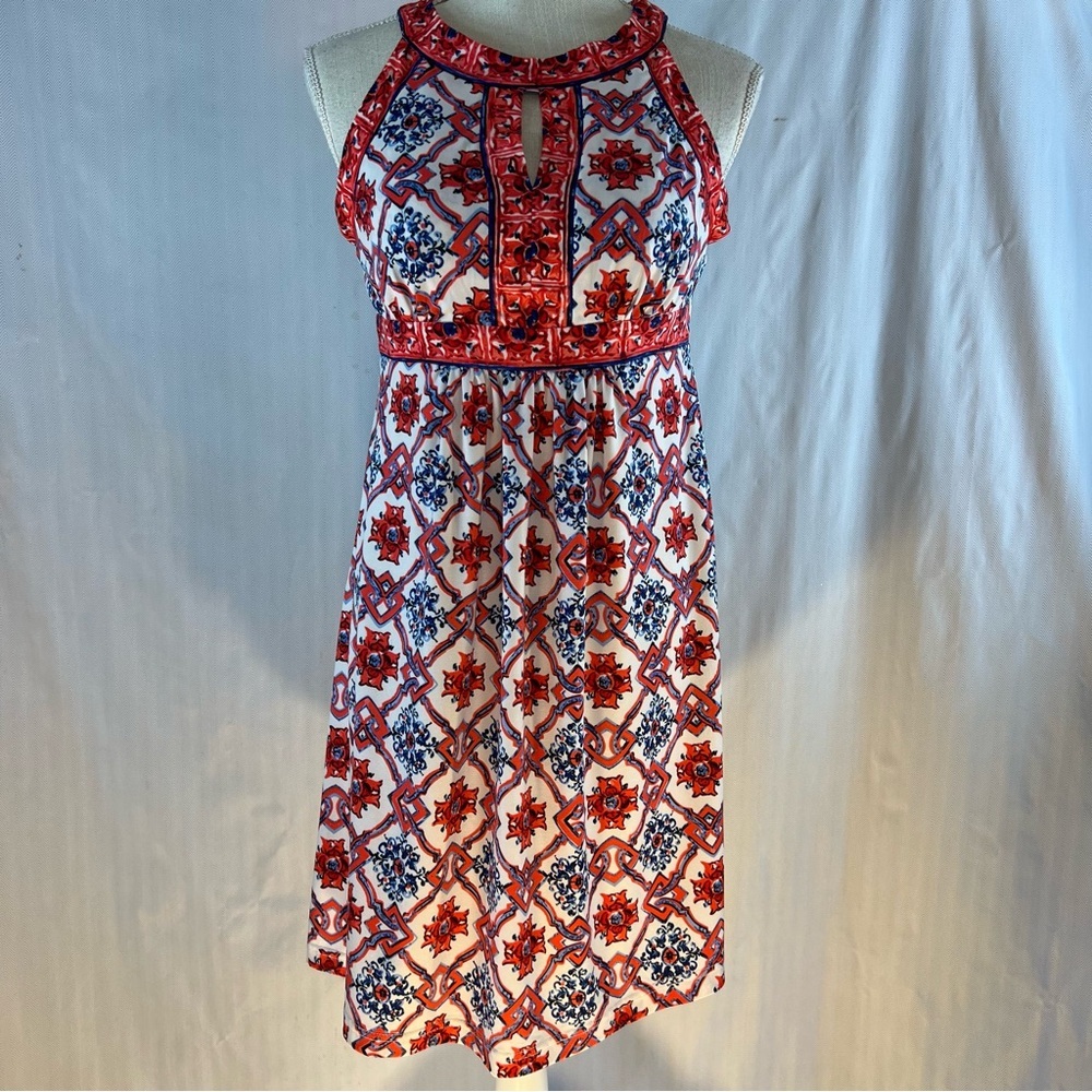 Grifflin Paris Dress Sleeveless Round & Keyhole Neck Red & Blue Print Dress S 👍